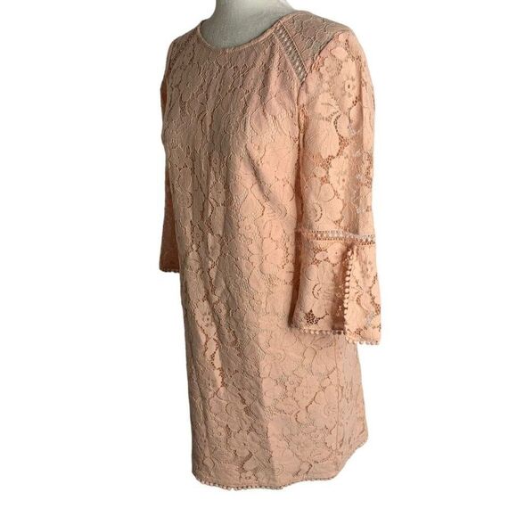 Vince Camuto Floral Lace Mini Dress 4 Pink Bell Sleeves Sheath Round Neck Zipper - Picture 4 of 6